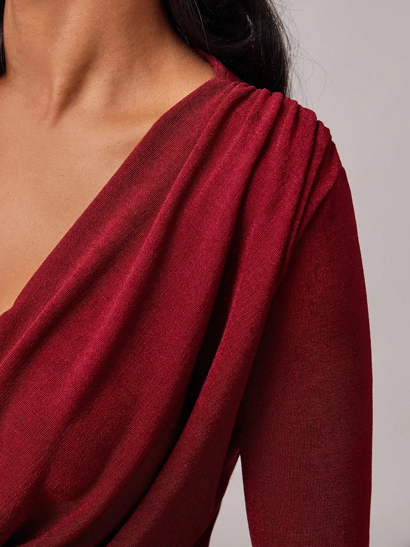 Burgundy Draped V-Neck Long Sleeve Fishtail Maxi Dress for Women - Elegant Party, Date & Formal Occasions