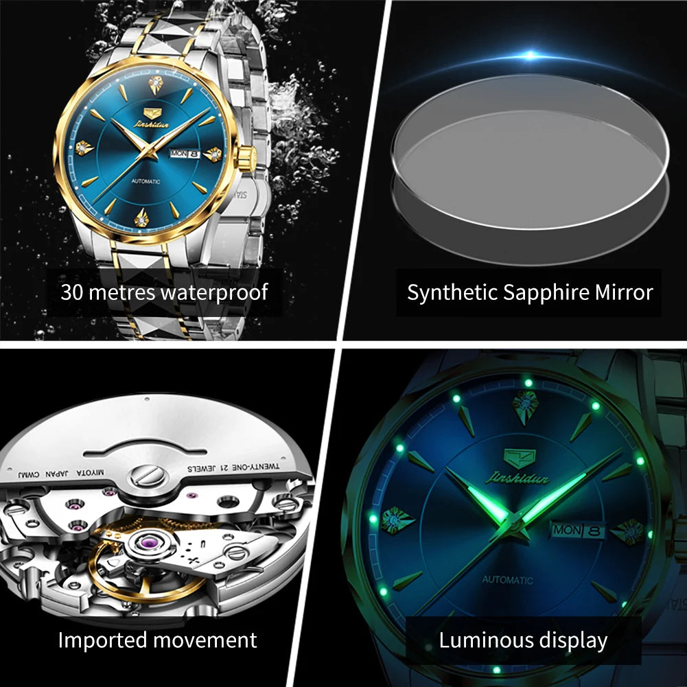 JSDUN High End Men's Watches Auto Calendar Week Tungsten steel Sapphire Mirror Automatic Mechanical Watch for Men Luxury Brand