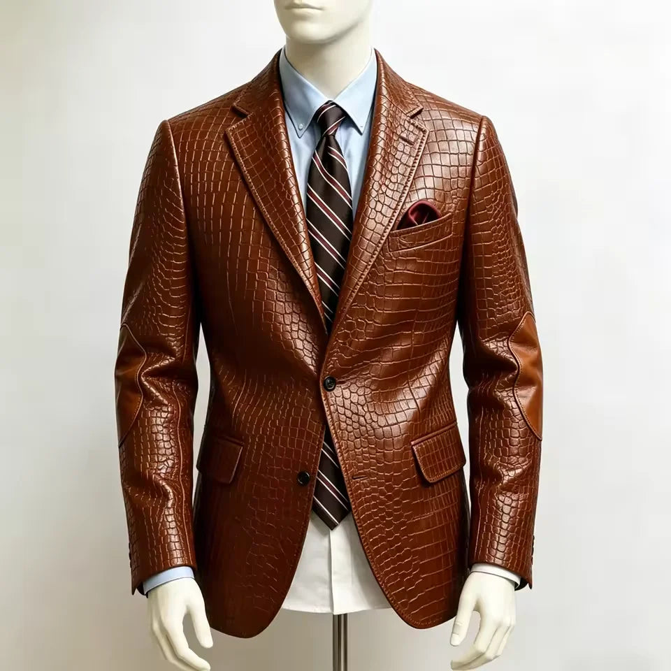 Luxury Men's Crocodile Embossed Leather Blazer Notched Lapel Elbow Patches 2 Button Slim Fit Jacket Business Casual For Wedding