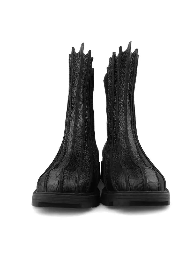 Winter New Mens Casual Black Designer Genuine Leather Comfortable Boots Mid Heel Zipper Motorcycle Round Toe Shoes Fashion Male