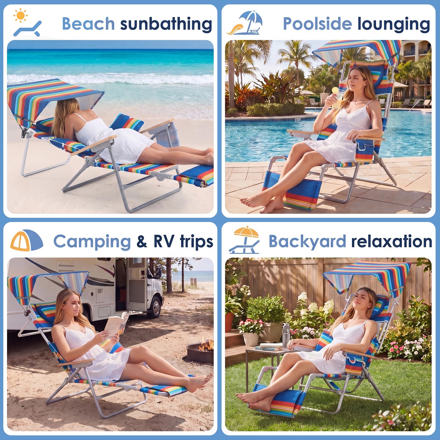 TCGBKAF Backpack Beach Chair with 5-Position Footrest Sunbathing Lounge Chair with Canopy for Pool&Beach&Lawn Double Shoulder Straps Folding Tanning Chair with Face&Arm Hole