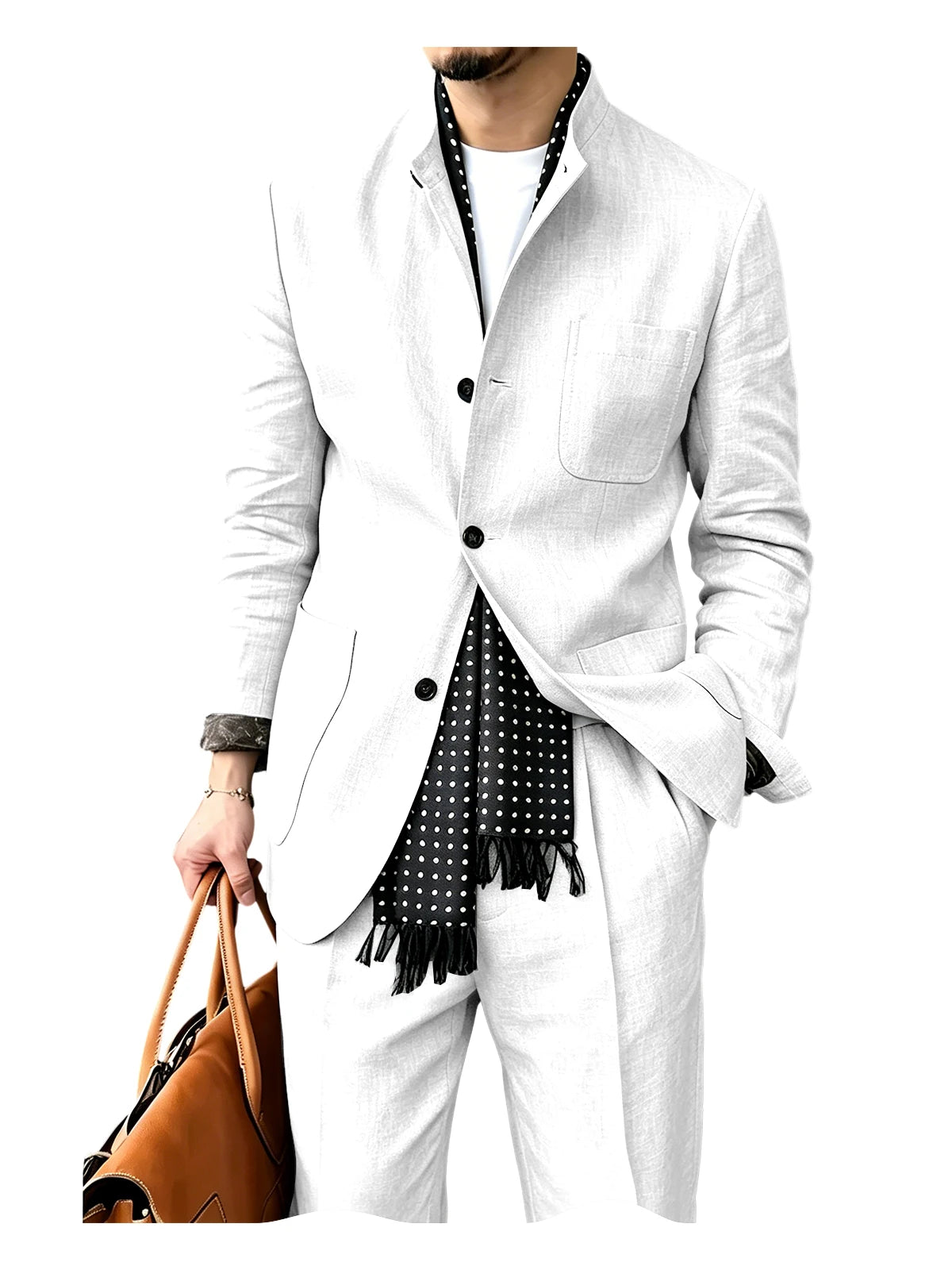 Men's Linen Blend 2 Piece Suit Set Stand Collar Three Button Breathable Casual Blazer Pants For Business Daily Wear Summer