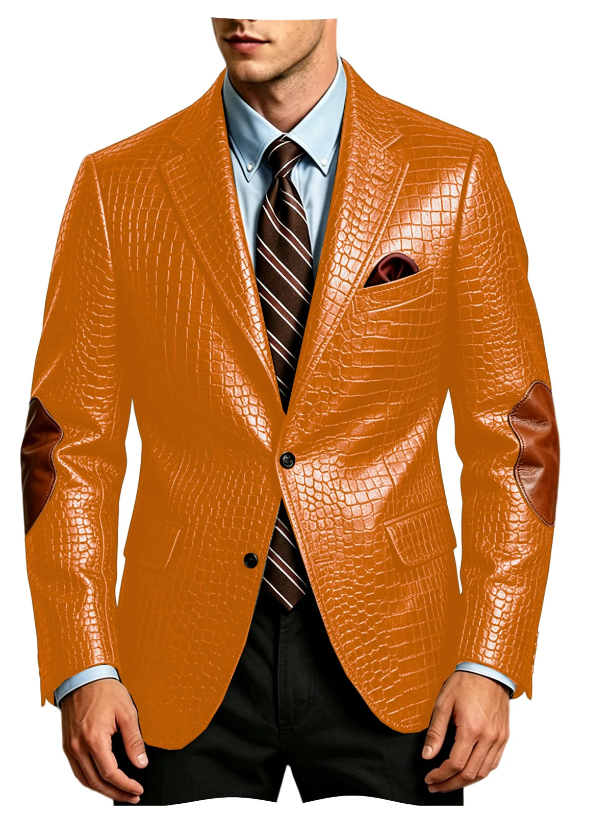 Luxury Men's Crocodile Embossed Leather Blazer Notched Lapel Elbow Patches 2 Button Slim Fit Jacket Business Casual For Wedding