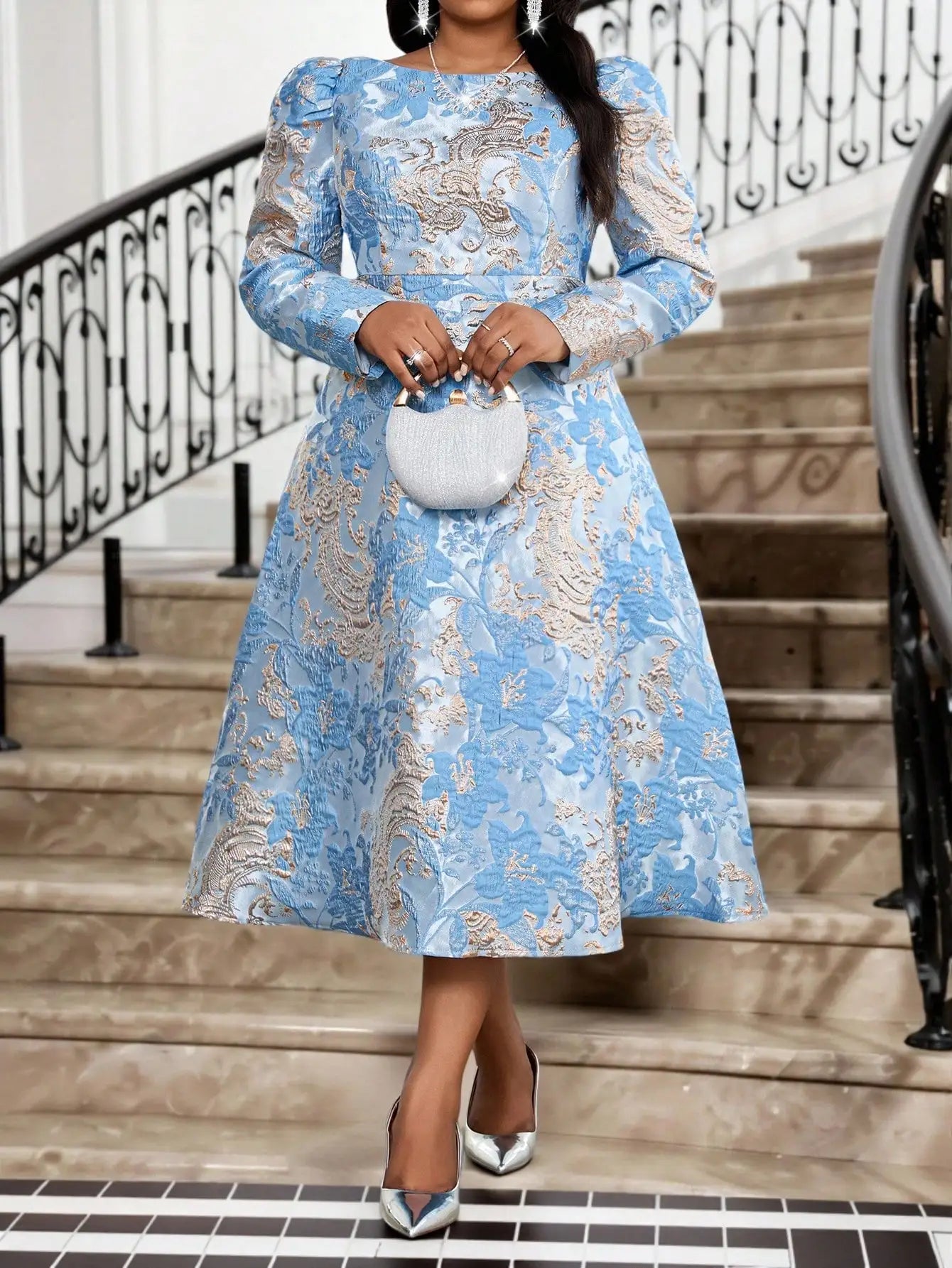 Plus Size Women's Elegant Long Sleeve Floral Brocade Dress for Party Wedding Church Events