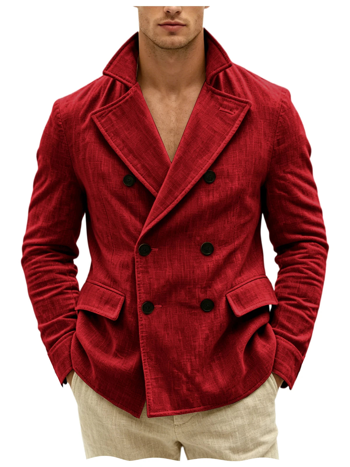 Men's Khaki Linen Blazer Double Breasted Peaked Lapel Lightweight Breathable Soft Cool Casual Formal Sport Coat For Summer Beach