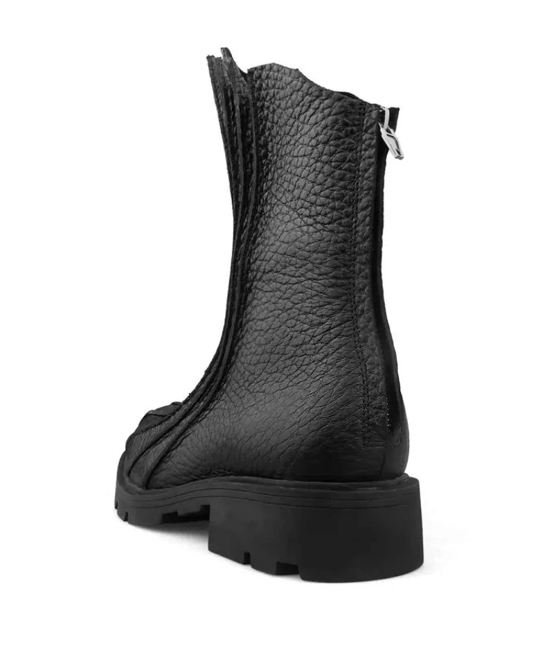 Winter New Mens Casual Black Designer Genuine Leather Comfortable Boots Mid Heel Zipper Motorcycle Round Toe Shoes Fashion Male