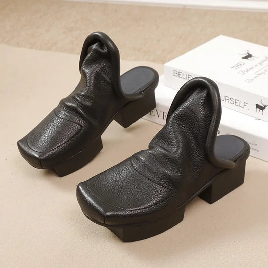 Birkuir Retro Thick Heel Closed Toe Slippers Slip On Women Outdoors Slides Spring Summer Genuine Leather Slippers Size 41