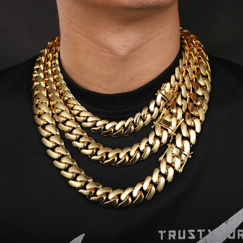 8-22mm Hip Hop Bling Gold Color Stainless Steel  Cuban Miami Link Chain Necklaces for 18k Gold-plated Men Rapper Jewelry(1PC)