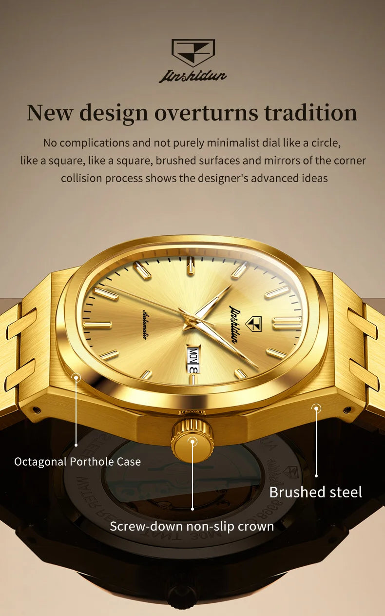 JSDUN 8966 Full Gold Watch for Men Automatic Mechanical Dual Calendar Display Waterproof Night light Man Wristwatch