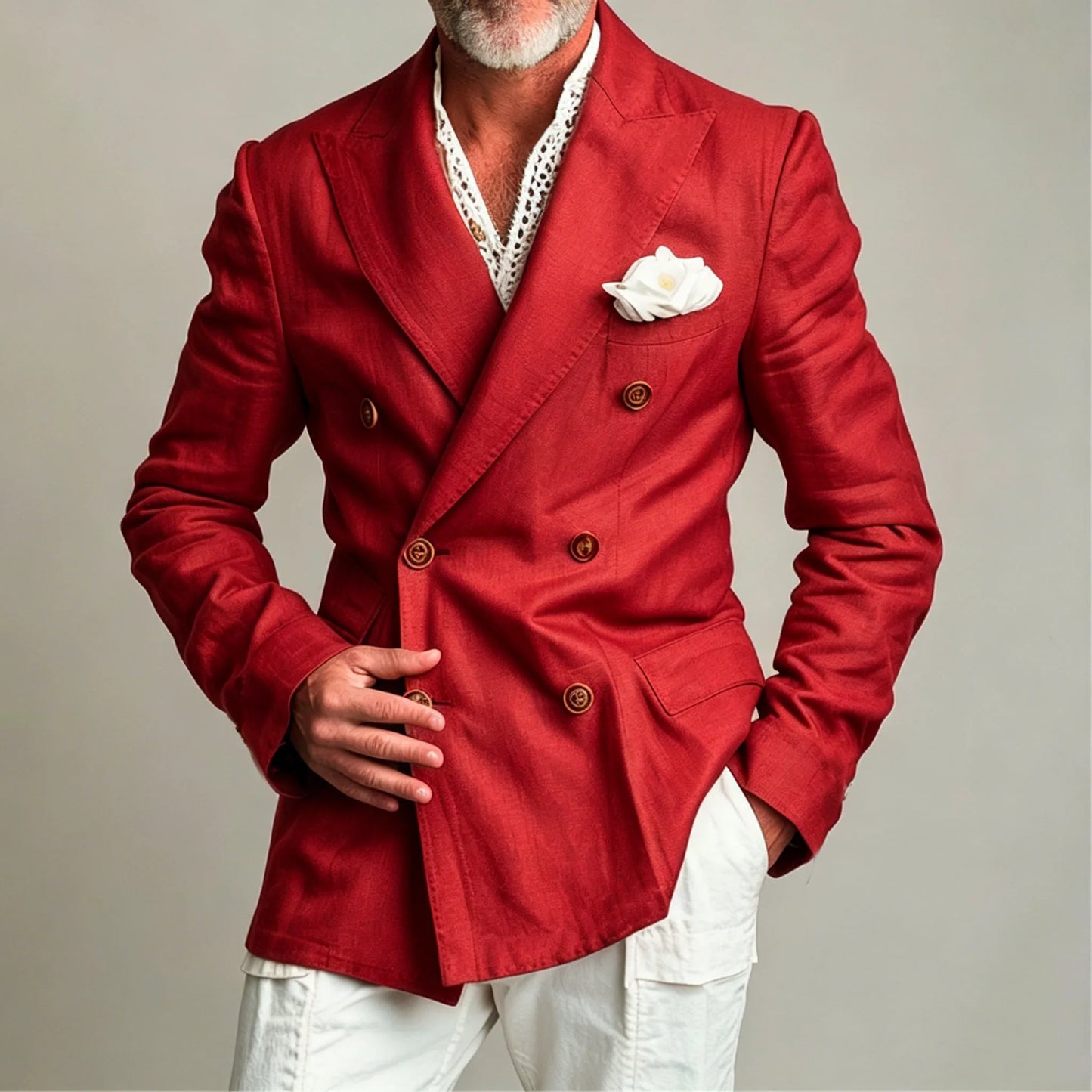 Men's Chic Peak Lapel Linen Blazer Double Breasted Slim Fit Formal Suit Jacket Summer Business Wedding Party Beach Daily Coat