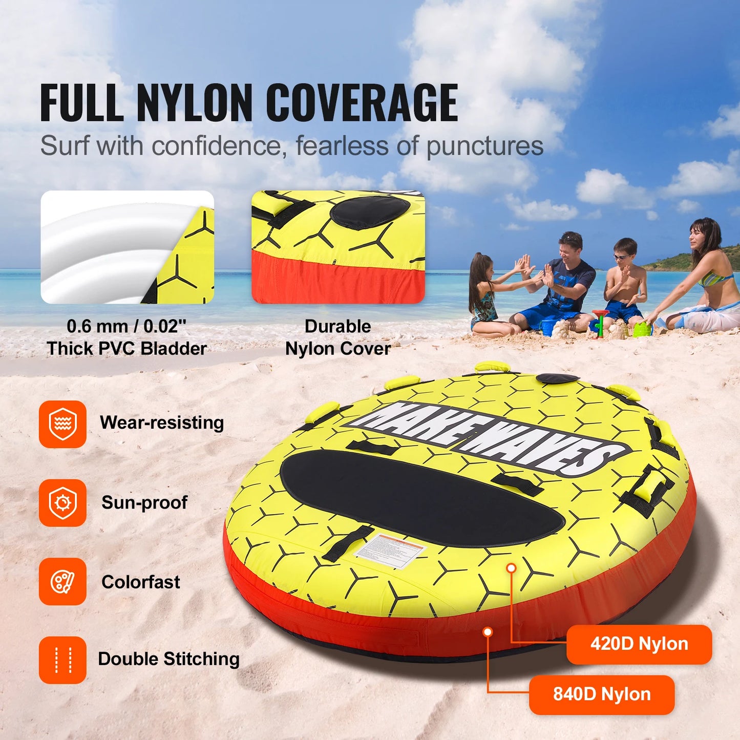 SucceBuy Towable Tube for Boating 1-3 People Inflatable Boat Tubes&Towables 63" Round Water Sport Towable Tube for Boat to Pull