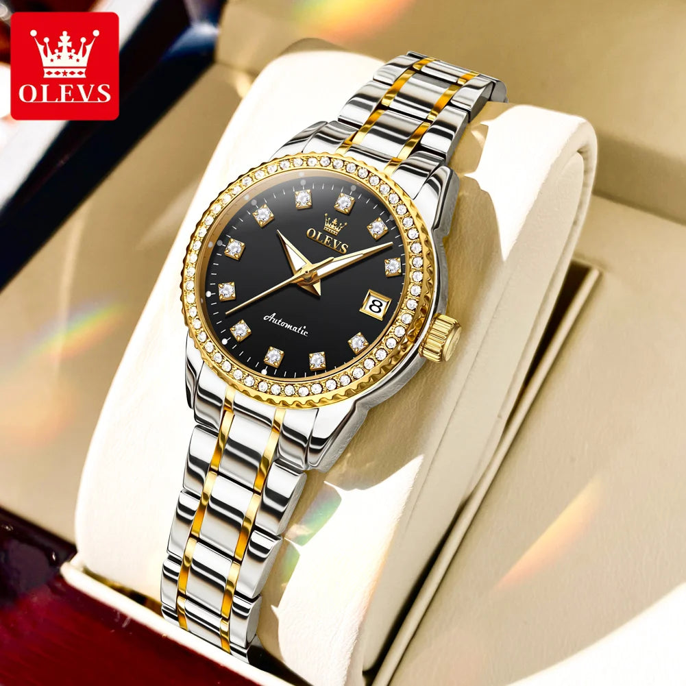 OLEVS Automatic Watch for Women Diamond Gold Luxury Stainless steel Elegant Original Women's Automatic Watch Necklace Gift Set