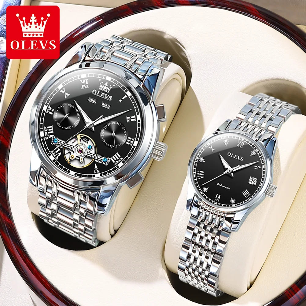 OLEVS 6607+6602 Original Men Women Watch Luxury Brand Tourbillon Mechanical Watch High end Romantic Lover Date Gift Couple Watch