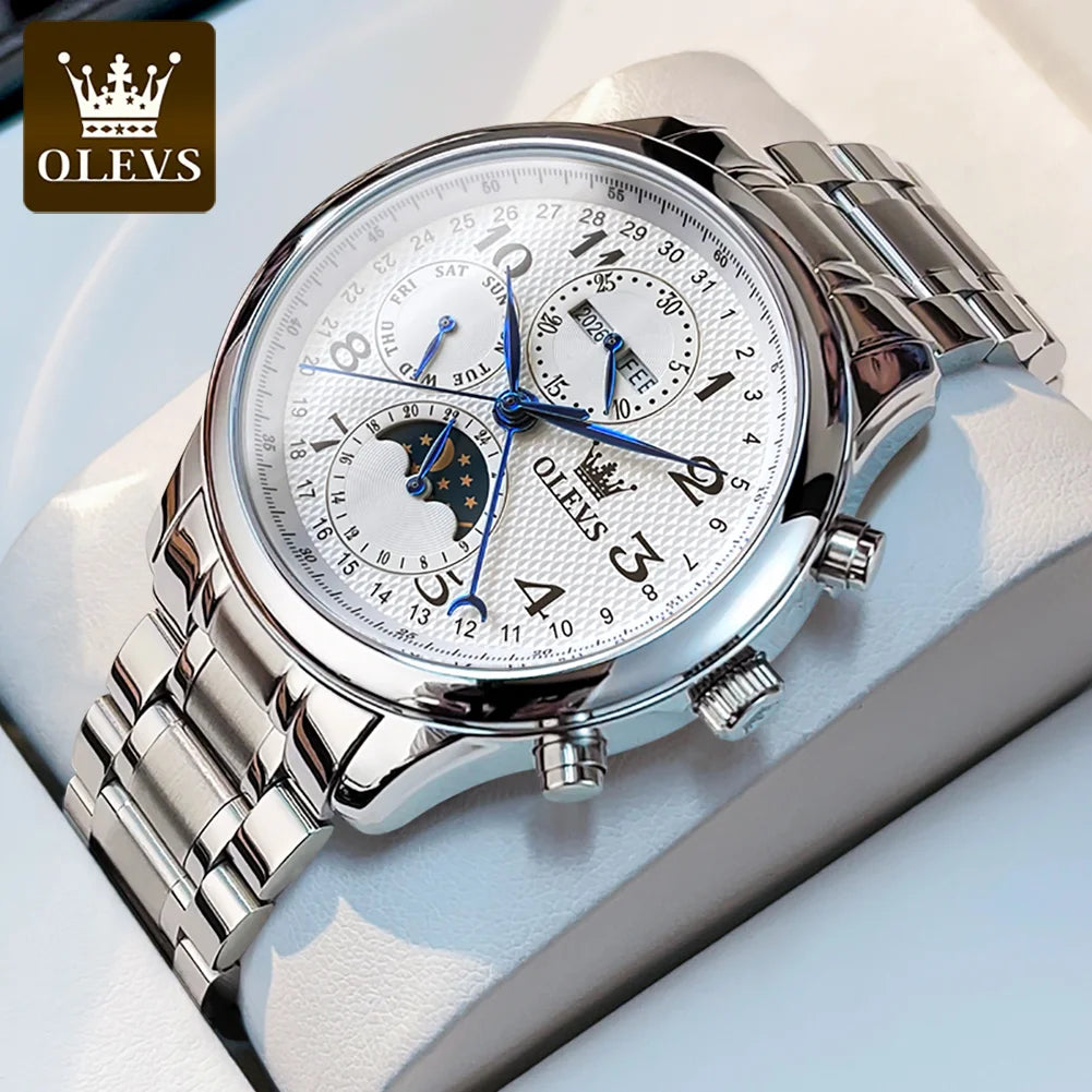 OLEVS Original Men's Automatic Wristwatch Moon Phase Calendar Waterproof Stainless Steel Leather Strap Mechanical Watch for Men