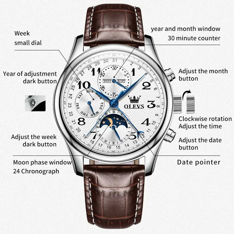 OLEVS Original Men's Automatic Wristwatch Moon Phase Calendar Waterproof Stainless Steel Leather Strap Mechanical Watch for Men