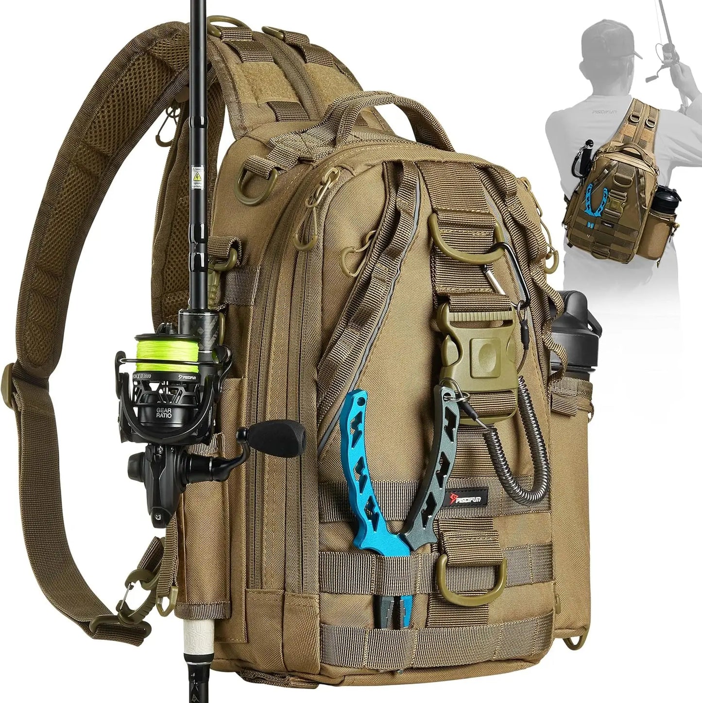 PiscifunFishing Tackle Backpack with Rod & Gear Holder, Lightweight Outdoor Water-Resistant Fishing Shoulder Storage Bag
