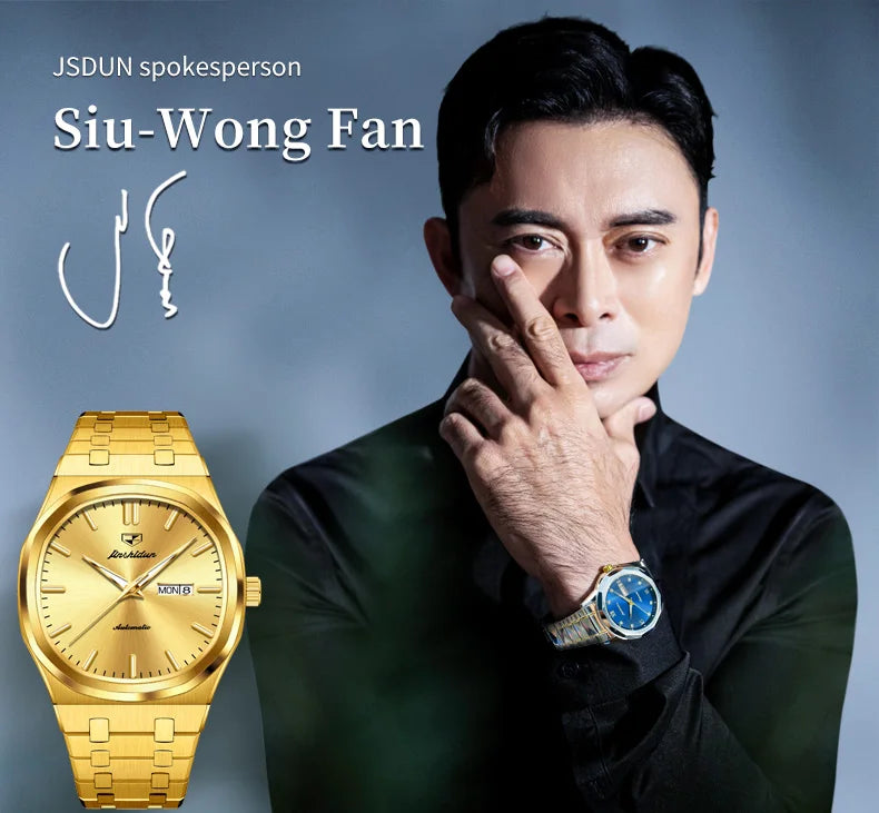 JSDUN 8966 Full Gold Watch for Men Automatic Mechanical Dual Calendar Display Waterproof Night light Man Wristwatch