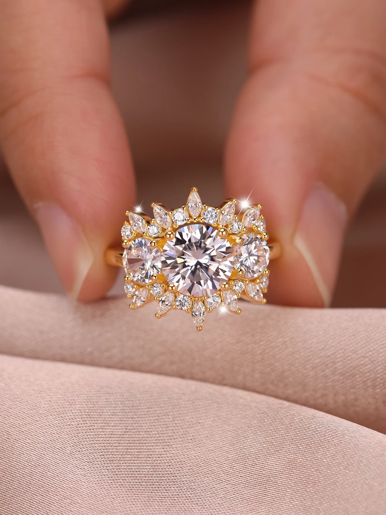 S925 Sterling Silver Round 2CT Moissanite Ring Set Fine Jewelry Gold-plated 18k Suitable for Gift Giving Birthday Gift