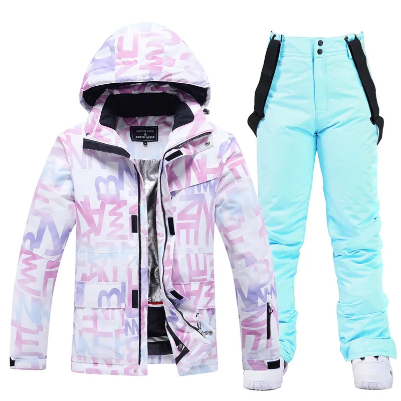 New Fashion Letter Women Ski Suit Winter Windproof Waterproof Snowboarding Jacket and Pants Snow Walking Clothes Female Snowsuit