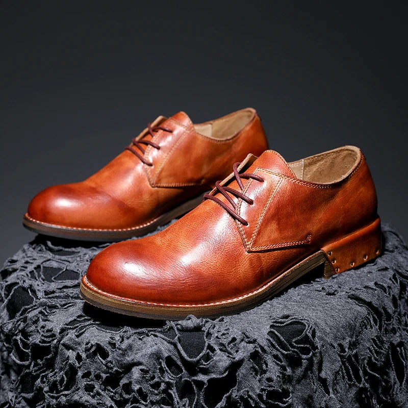 Goodyear-Welted Vintage Genuine Leather Men's Derby ShoesRound-toe Men Casual Shoes Dress Business Dress Shoes Men Wedding Shoes