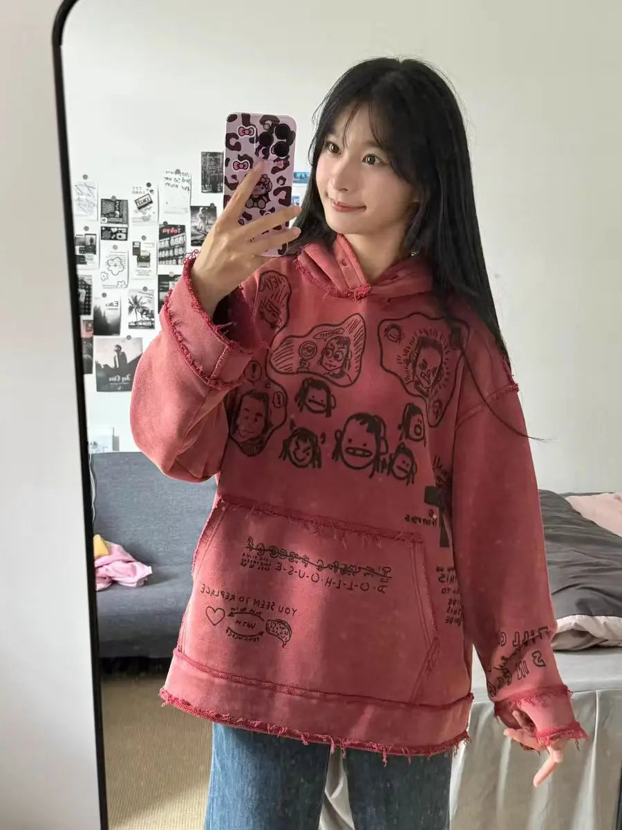 Men High Street Oversized Hip Hop Hoodies Streetwear Washed Vintage Sweatshirt Retro Printed Loose Fit Y2K Hooded Pullover Tops