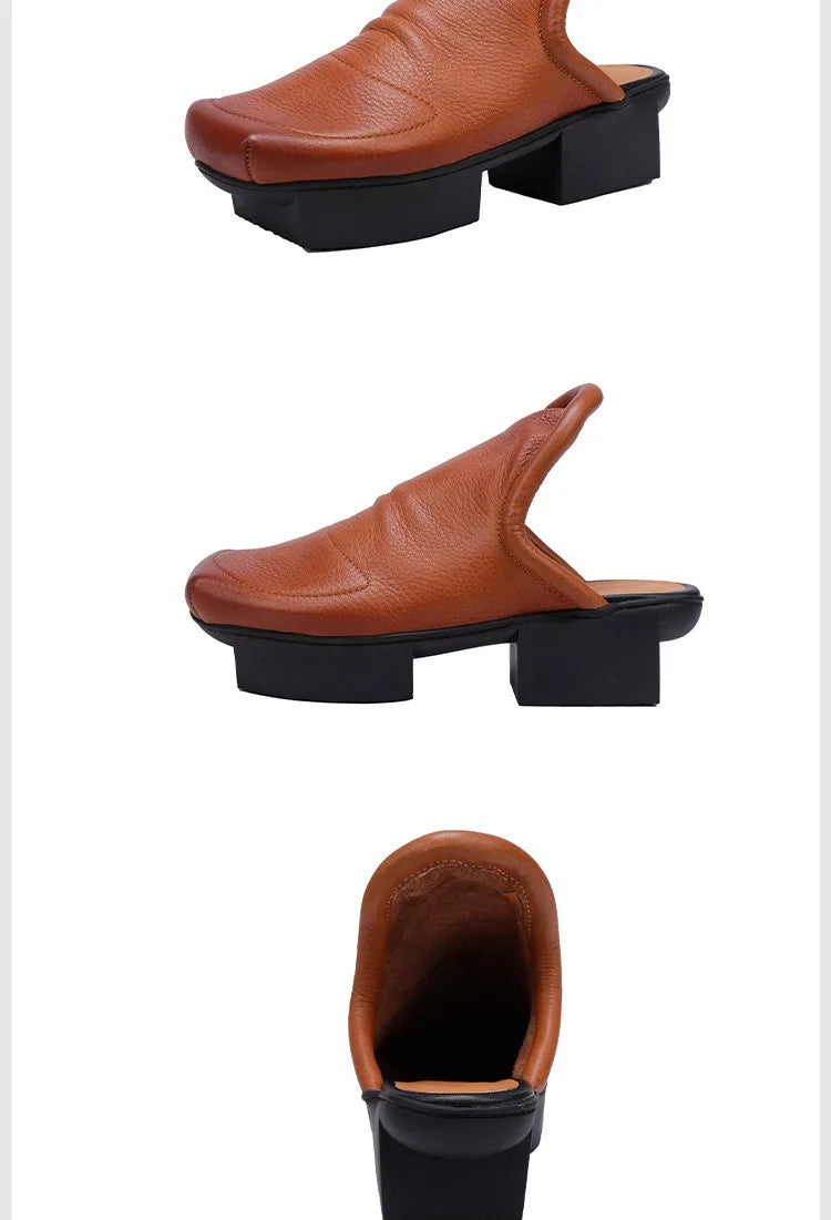 Birkuir Retro Thick Heel Closed Toe Slippers Slip On Women Outdoors Slides Spring Summer Genuine Leather Slippers Size 41