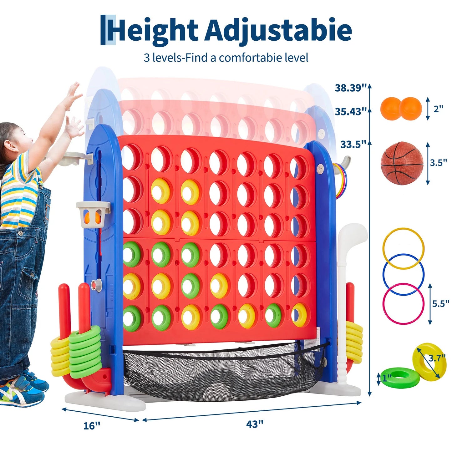 4-in-1 Giant Connect Game Set Adjustable Height, Basketball Hoop, Ring Toss and Net Jumbo Outdoor Yard Game for Families Events