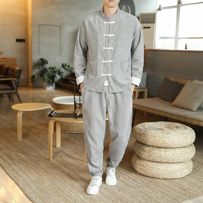 Chinese Style Tracksuit Spring Corduroy Two-piece Set Casual Tang Suit Men's Coat Zhongshan Suit Ancient Buckle Training Wear