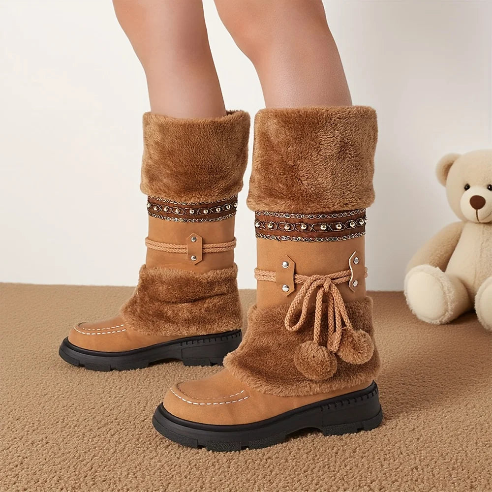 Women's Winter Furry Knee High Snow Boots Fashion Platform Chunky Heels Warm Faux Fur Lining Pull On Casual Comfy Boots Woman