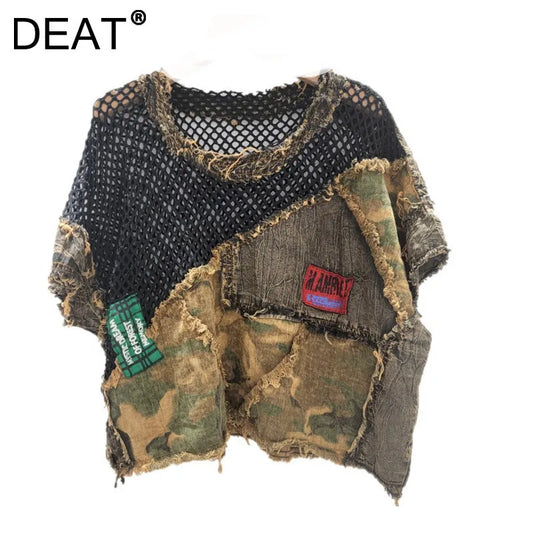 DEAT Women's T-shirt Loose Patchwork Asymmetric Camouflage Mesh Short Sleeve Do Old Tops Summer 2026 New Fashion 29A1930