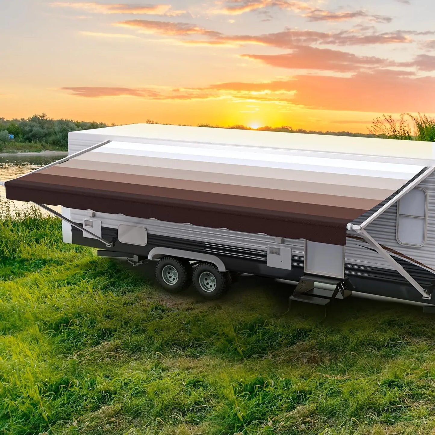 Weatherproof Vinyl RV Awning Fabric Replacement Universal Camper Trailer Canopy 17ft Fabric 16ft2in Brown, Custom