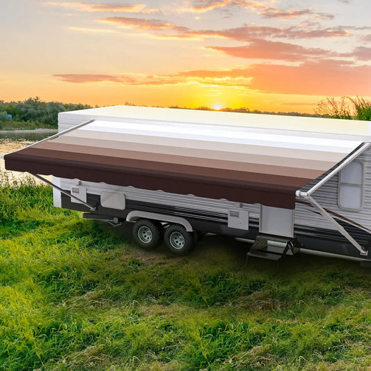 Weatherproof Vinyl RV Awning Fabric Replacement Universal Camper Trailer Canopy 17ft Fabric 16ft2in Brown, Custom