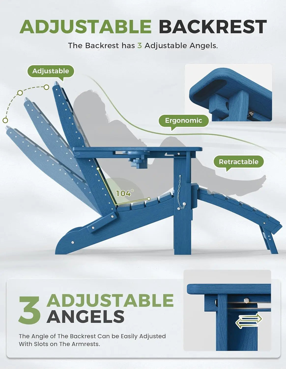 Folding Adirondack Chair Set of 2, Retractable Ottoman & Pull-Out Footrest, Weather Resistant for Fire Pit Lawn Outdoor , Custom