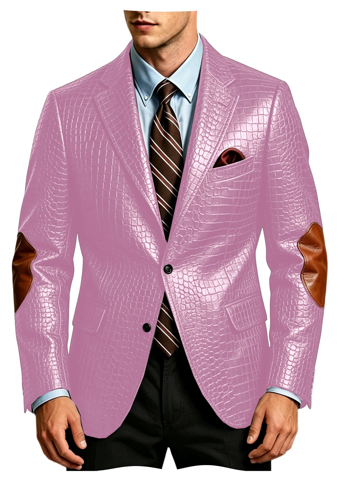 Luxury Men's Crocodile Embossed Leather Blazer Notched Lapel Elbow Patches 2 Button Slim Fit Jacket Business Casual For Wedding