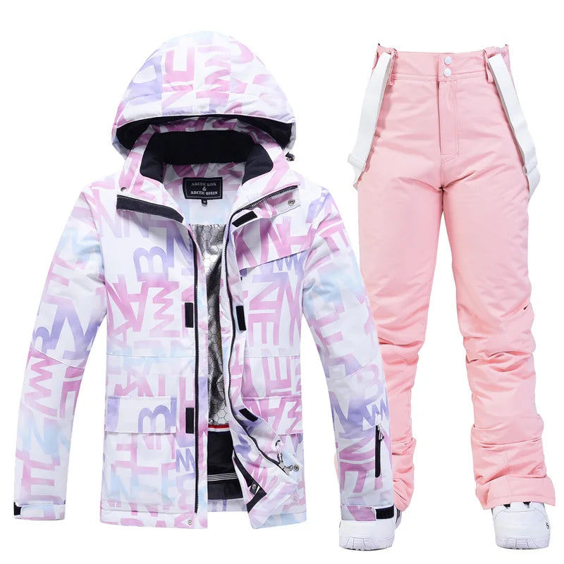New Fashion Letter Women Ski Suit Winter Windproof Waterproof Snowboarding Jacket and Pants Snow Walking Clothes Female Snowsuit