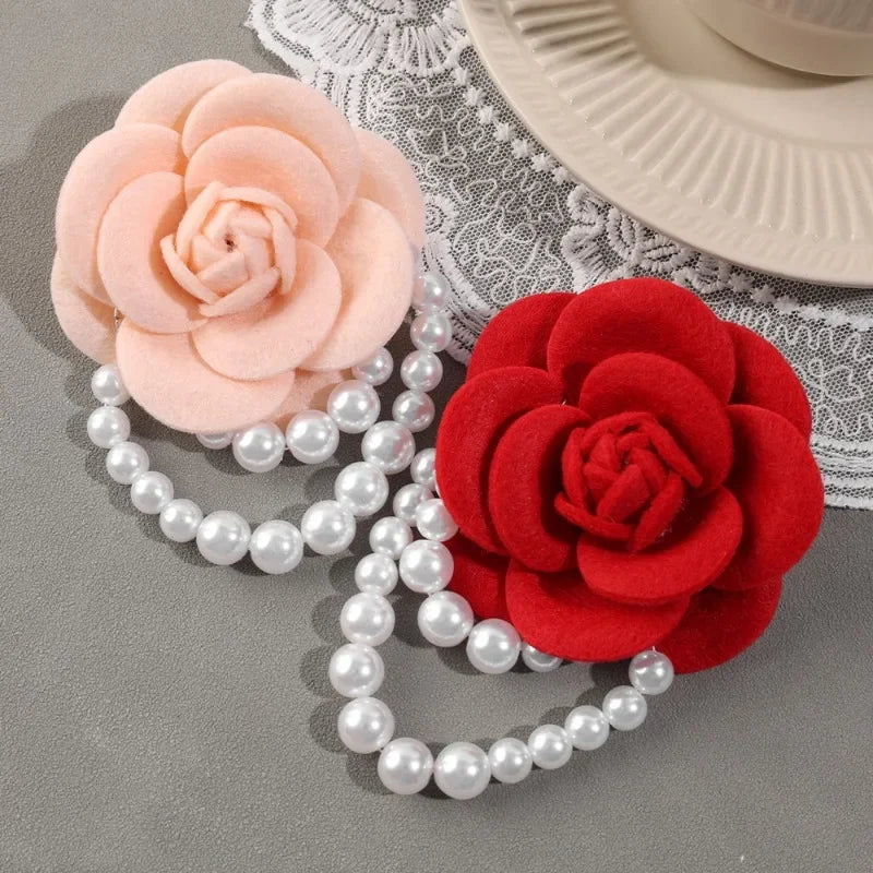Multicolor Camellia Brooch Women Retro White Black Red Pink Wool Scarf Buckle Girls Pearl Brooches Elegant Jewelry Accessories
