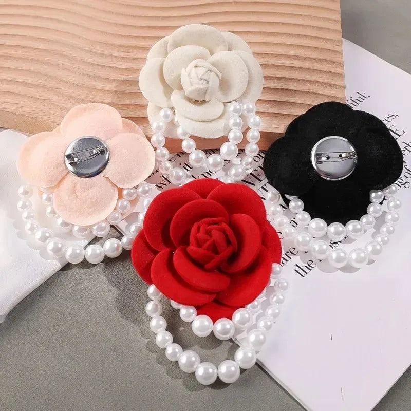 Multicolor Camellia Brooch Women Retro White Black Red Pink Wool Scarf Buckle Girls Pearl Brooches Elegant Jewelry Accessories