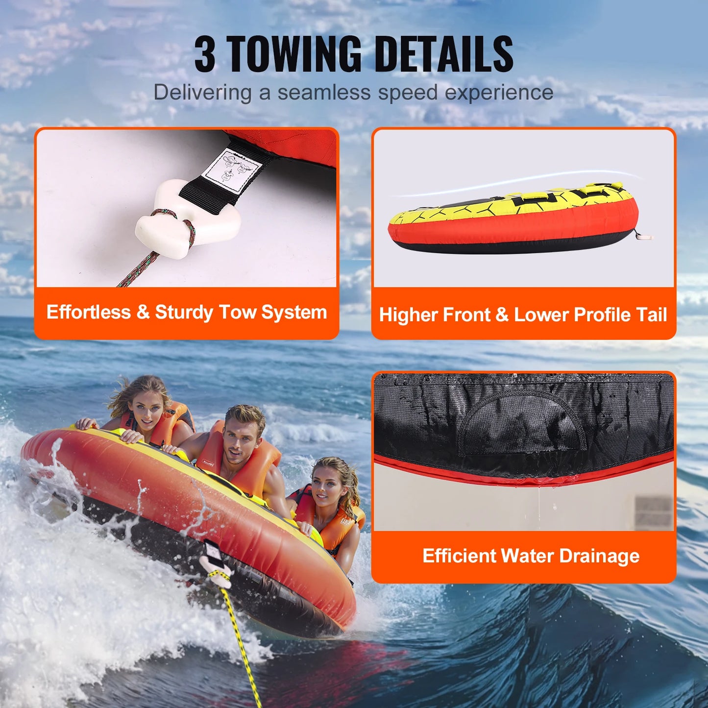 SucceBuy Towable Tube for Boating 1-3 People Inflatable Boat Tubes&Towables 63" Round Water Sport Towable Tube for Boat to Pull