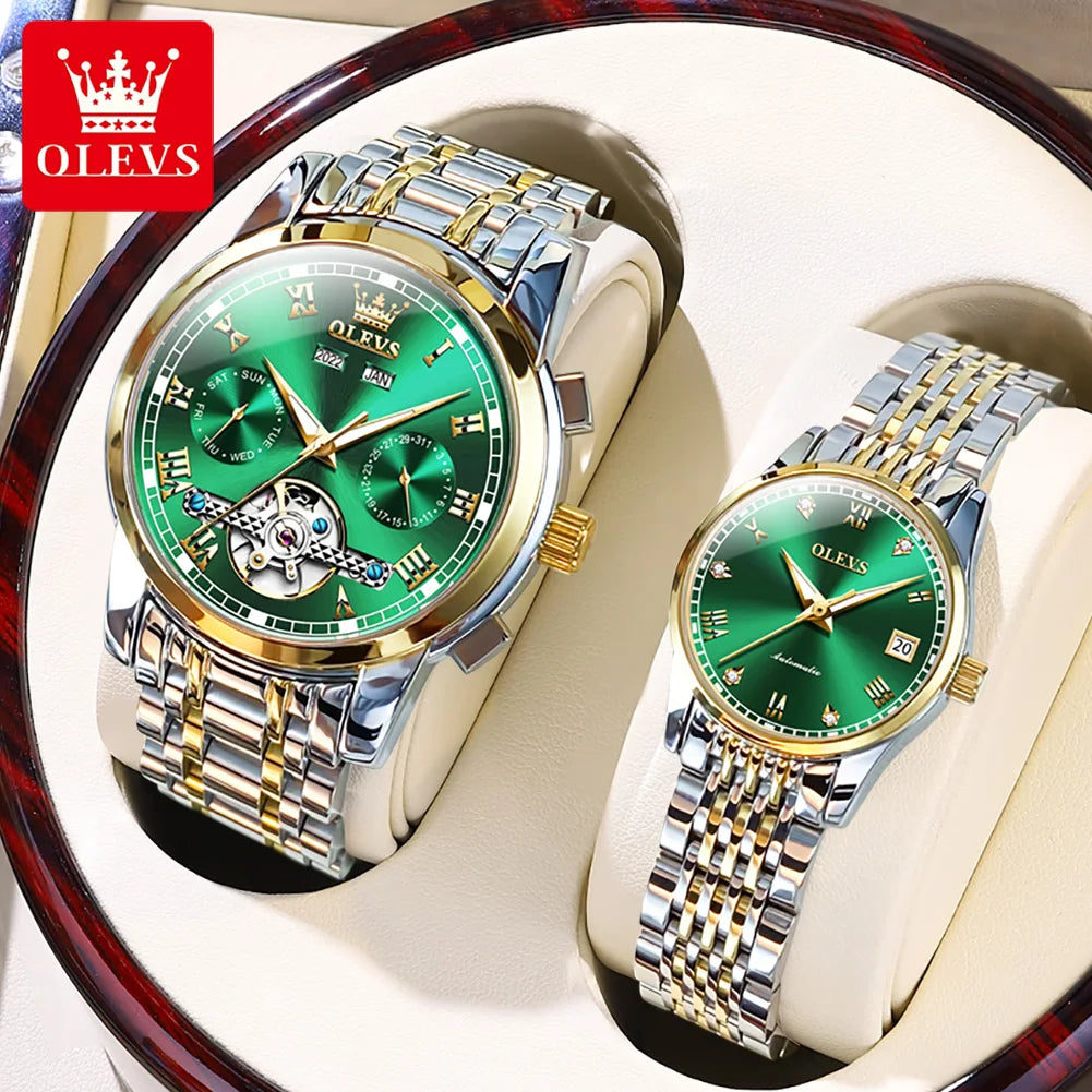 OLEVS 6607+6602 Original Men Women Watch Luxury Brand Tourbillon Mechanical Watch High end Romantic Lover Date Gift Couple Watch