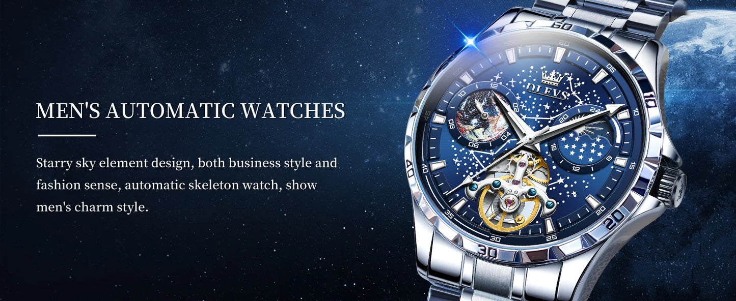 OLEVS Men's Watches Waterproof Multifunctional Luminous Fully Automatic Mechanical Watch Moon Phase Starry Original TOP Brand