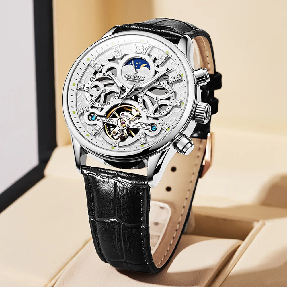 OLEVS Top Brand Men's Watches Fashion Skeleton Tourbillon Automatic Mechanical Wrist Watch for Men Waterproof Leather Strap New