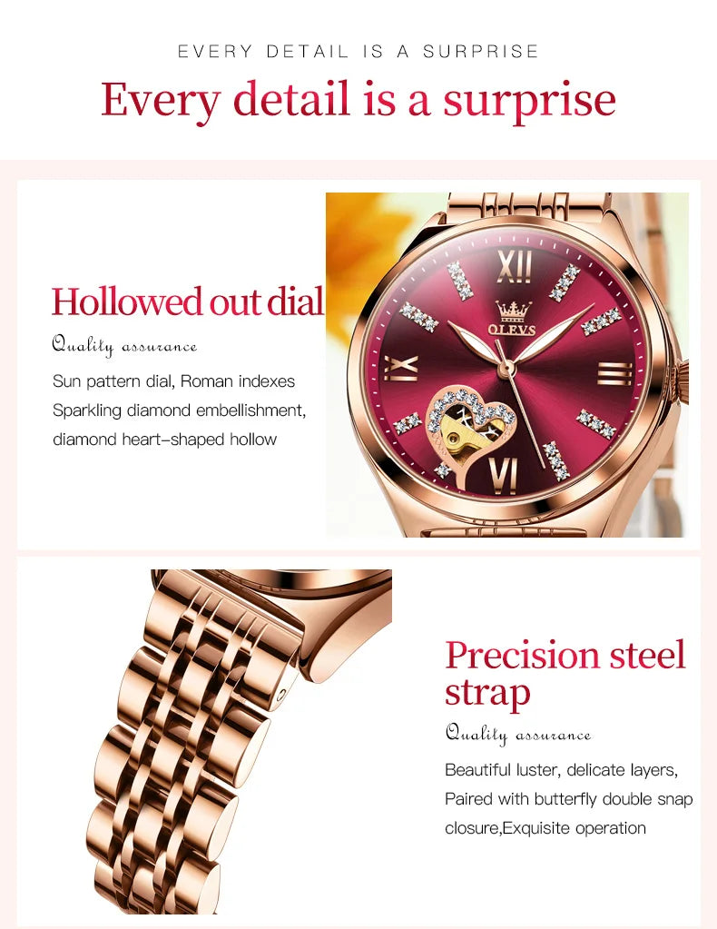 OLEVS 6636 Women Watch Fashion Roman Scale Waterproof Watch Luxury Love Diamond Hollow Women Automatic Mechanical Watch Reloj