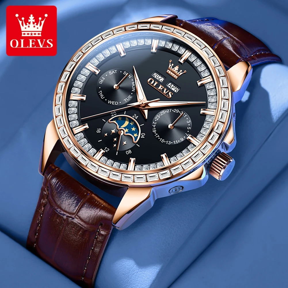 OLEVS 6695 NEW Men's Watches Full Diamond Multifunctional Dial Blue Leather Strap Calendar Week Moon Phase Waterproof Wristwatch