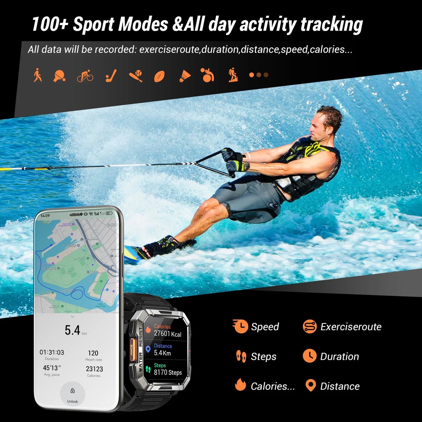 Blackview New Smart Watch 2.01'' HD Display Outdoor Men's Watches with Emergency Lighting Bluetooth Call Waterproof Smartwatch