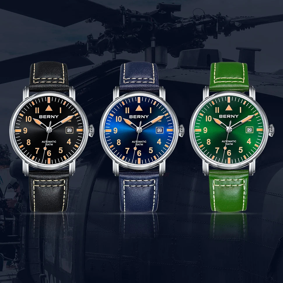 BERNY Aviation Automatic Watch Men Mechanical Luminous Army Military Classic Watch Sapphire Waterproof 100m Diver Wristwatch Men