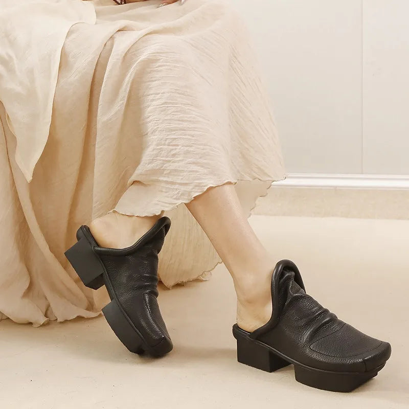 Birkuir Retro Thick Heel Closed Toe Slippers Slip On Women Outdoors Slides Spring Summer Genuine Leather Slippers Size 41