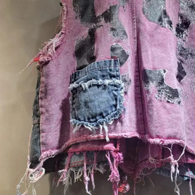 DEAT Women Denim Waistcoat Turn-Down Collar Burrs Edge Tassel Do Old Graffiti Single Button Vest 2026 Spring New Fashion 29A5833