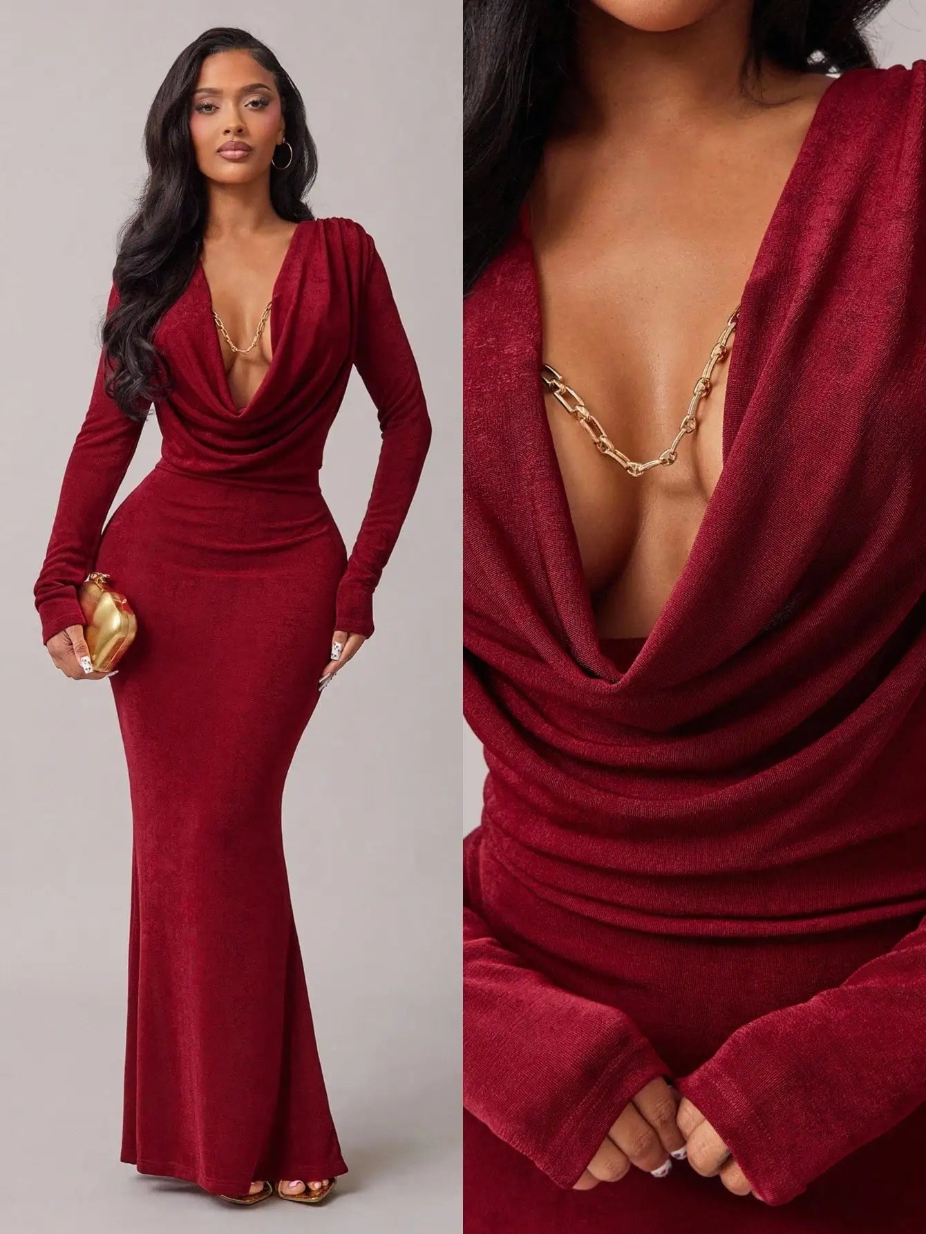 Burgundy Draped V-Neck Long Sleeve Fishtail Maxi Dress for Women - Elegant Party, Date & Formal Occasions