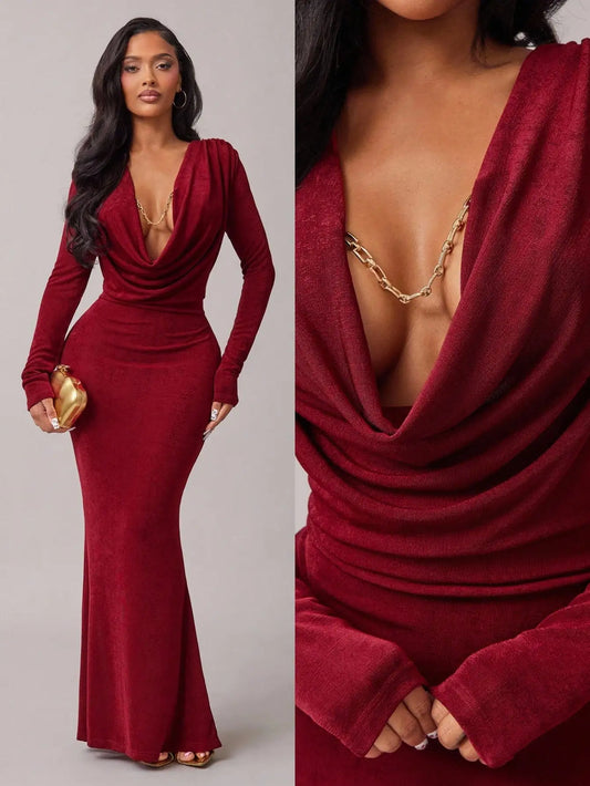 Burgundy Draped V-Neck Long Sleeve Fishtail Maxi Dress for Women - Elegant Party, Date & Formal Occasions