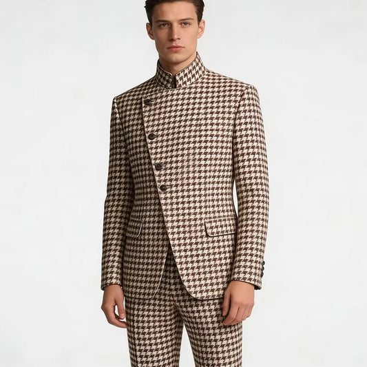 Elegant Men's Houndstooth Suit 2 Piece Mandarin Collar Slim Fit Fashion Jacket Pants Vintage Male Set For Formal Business Weddin